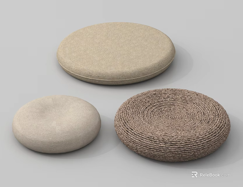 Soft Round Decorative Cushions With Woven And Fabric Textures In Neutral Hues 3d model 