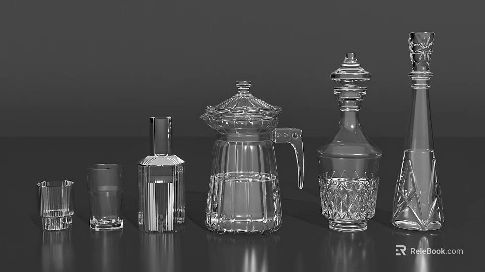 Clear Glass Cups And Elegant Glassware Neatly Arranged On Dark Surface 3d model 