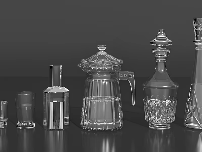 Clear Glass Cups And Elegant Glassware Neatly Arranged On Dark Surface 3d model