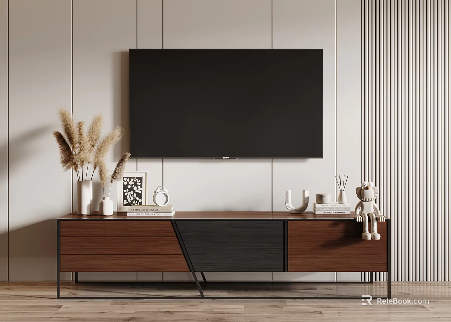 Modern Wooden TV Stand With Storage Drawers Wall Mounted TV Pampas Grass And Photo Frame 3d model 