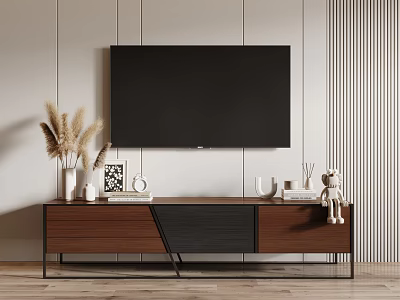 Modern Wooden TV Stand With Storage Drawers Wall Mounted TV Pampas Grass And Photo Frame 3d model