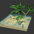 Cartoon Tropical Island Scene With Palm Trees Hammock Sand Water Rocks And Seashells