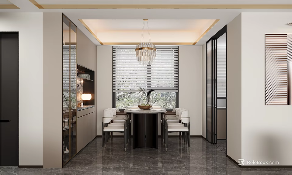 Modern Restaurant Interior Design Showcasing Open Kitchen With Dining Table And Pendant Lights 3d model