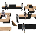 Modern Geometric Landscape Seats In Wooden And Black Design With People Sitting Around