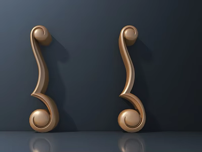 Golden Door Handles With Curved Design And Circular Decorations On Dark Background With Reflections 3d model