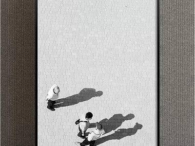 Black and White Overhead View Of Two People Helping On Brick Pavement With Long Shadows 3d model