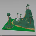 3D Rendered Landscape With Small White House Green Hills And Trees