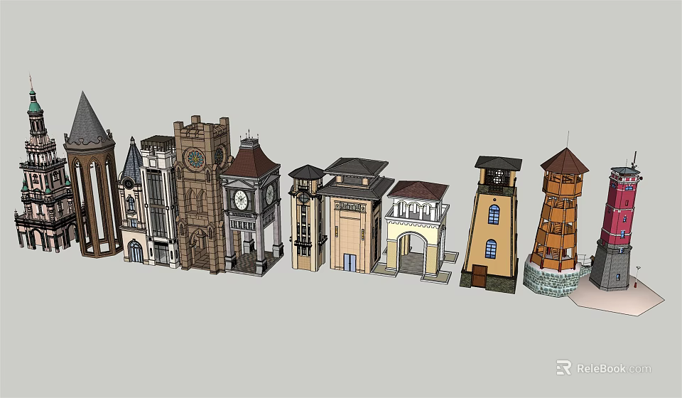 Various Styles Of Tower Models In Arranged Display With Different Architectural Designs 3d model 
