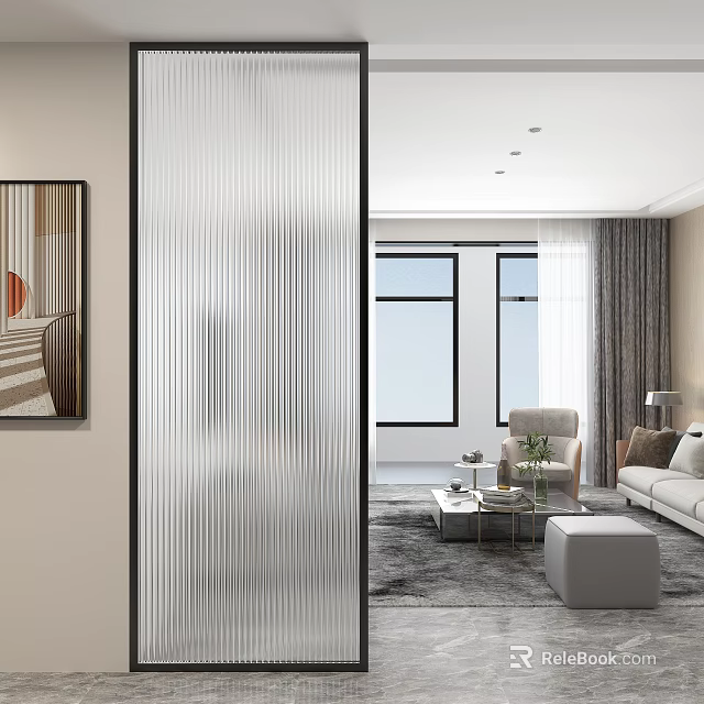 Vertical Striped Glass Room Divider In Modern Living Room With Sofa And Windows 3d model 