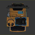 Orange Computer Desk Setup With Monitor Keyboard Mouse Headphones And Lower Shelf Accessories
