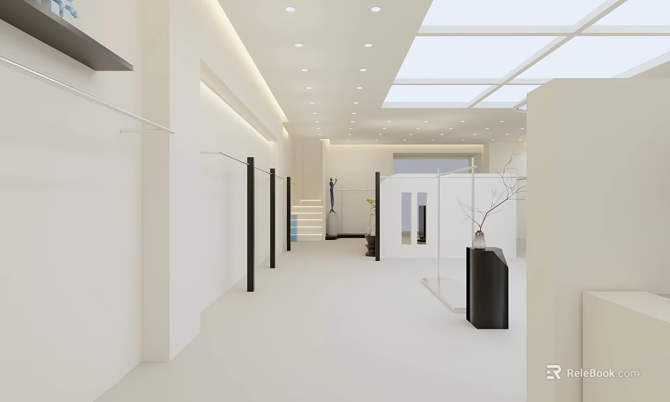 Modern Elevator Hallway Interior With White Walls Skylight And Decorative Plants 3d model 