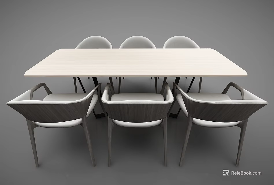 Modern Minimalist Dining Table Set With Rectangular Light Tabletop Six Gray Chairs And White Cushions 3d model