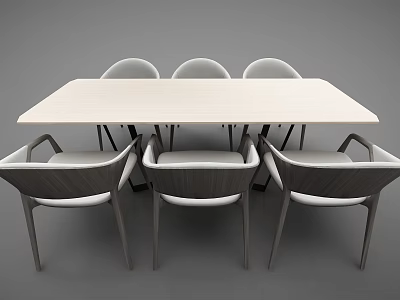 Modern Minimalist Dining Table Set With Rectangular Light Tabletop Six Gray Chairs And White Cushions 3d model