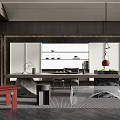 Modern Tea Room Interior Design With Long Table Chairs Hanging Lamp And Green Plants