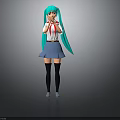 3D Anime Character With Turquoise Long Hair Red Bow Tie And Blue Skirt