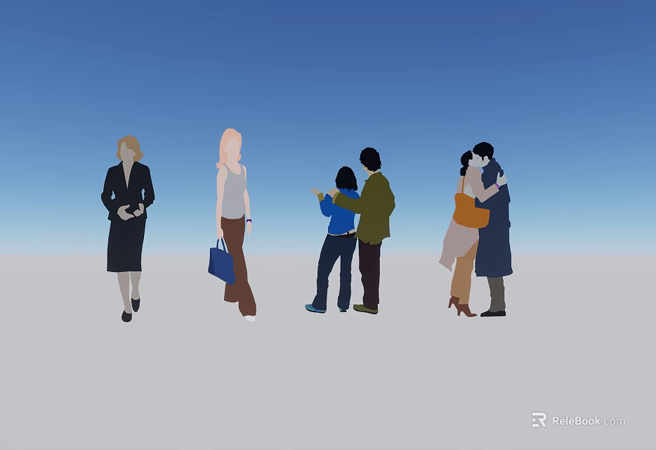 Group of People Hugging Standing and Interacting Under Blue Sky on Gray Ground 3d model 