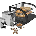 Modern Kitchen Appliances Including Coffee Machine Glass Display Case With Bread Croissants And Nuts