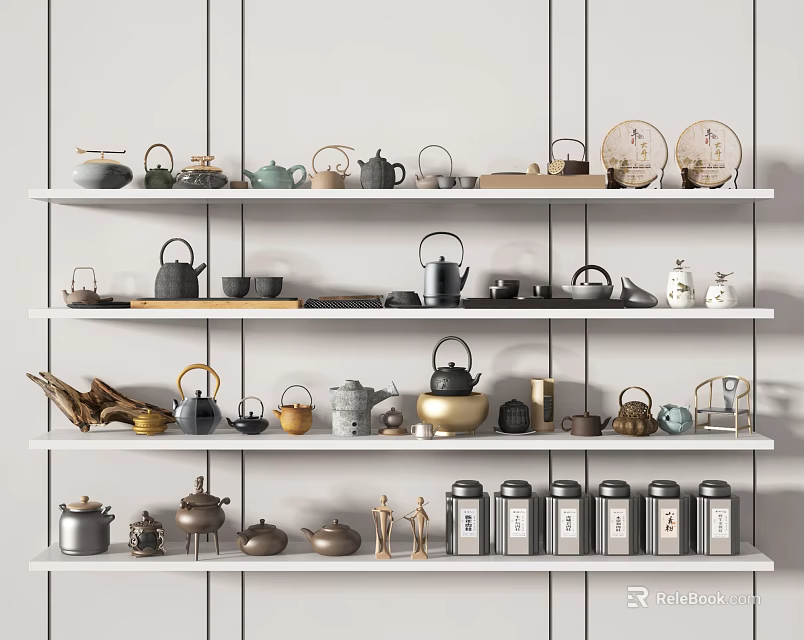 Assorted Tea Sets Including Teapots Teacups and Trays Displayed on White Shelves 3d model