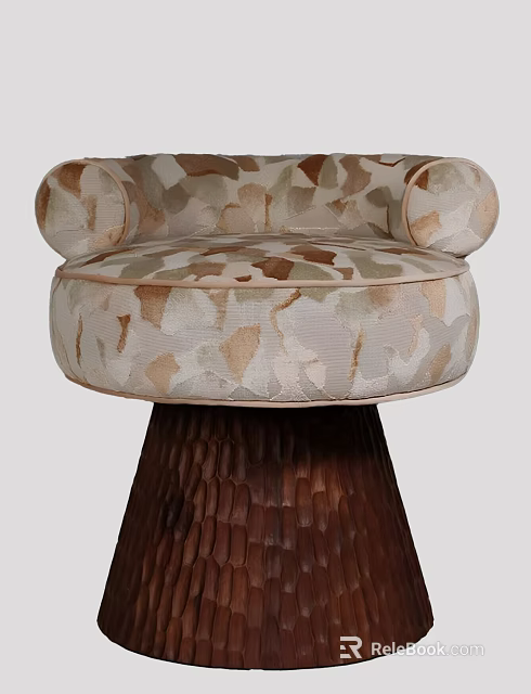 Stylish Upholstered Stool With Camouflage Pattern Round Armrests And Textured Wooden Base 3d model 