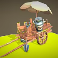 Rustic Wooden Cart Featuring Umbrella Milk Can Shovel And Wooden Wheel