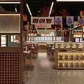 Vibrant Restaurant Interior With Colorful Hanging Signs Green Tile Counter And Wooden Seating