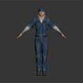 Man in blue work uniform and cap standing with arms outstretched isolated on white