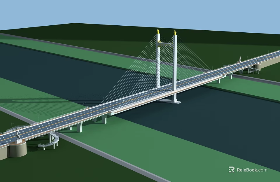 Cable Stayed Bridge with Tall Towers Over River and Green Land Roadway Design 3d model 