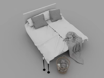 Minimalist Double Bed Interior Design With White Sheets Gray Pillows Draped Blanket And Laundry Basket 3d model