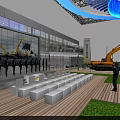 Technology Exhibition Hall Featuring Heavy Machinery Excavators Modern Booth And Architectural Lighting