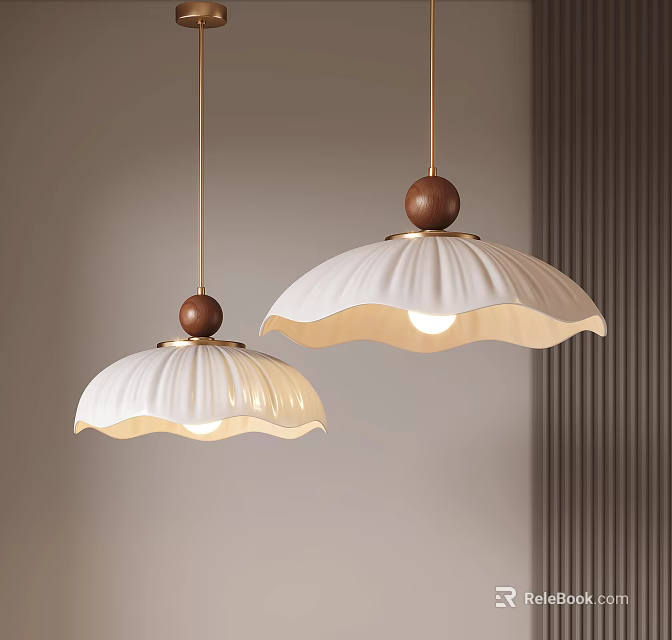 Modern Pendant Lights With Scalloped White Shades And Wooden Balls For Interior Decoration 3d model 