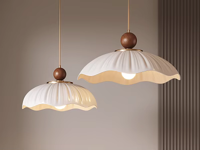Modern Pendant Lights With Scalloped White Shades And Wooden Balls For Interior Decoration 3d model