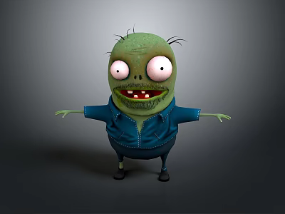Funny Green Skin Cartoon Zombie With Big Eyes Blue Jacket And Arms Outstretched 3d model