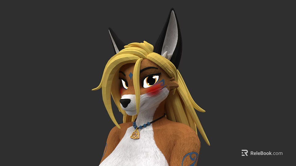Anthropomorphic Fox Game Character With Long Blonde Hair Red Cheeks And Blue Tattoo 3d model 