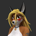 Anthropomorphic Fox Game Character With Long Blonde Hair Red Cheeks And Blue Tattoo