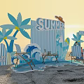 Summer Beach Photo Check-in Spot With Striped Backdrop Palm Trees Surfboards And Beach Chairs