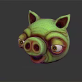 Artistic Green Pig Head Sculpture With Large Eyes And Open Mouth