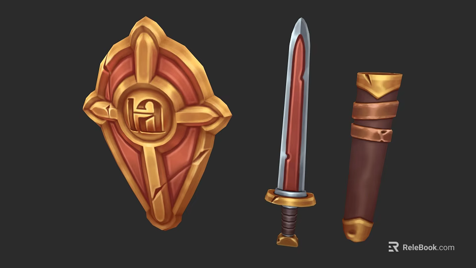 Ornamental Medieval Weapons Set With Golden Red Shield Sword And Brown Scabbard 3d model 