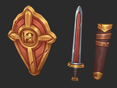 Ornamental Medieval Weapons Set With Golden Red Shield Sword And Brown Scabbard 3d model