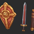 Ornamental Medieval Weapons Set With Golden Red Shield Sword And Brown Scabbard