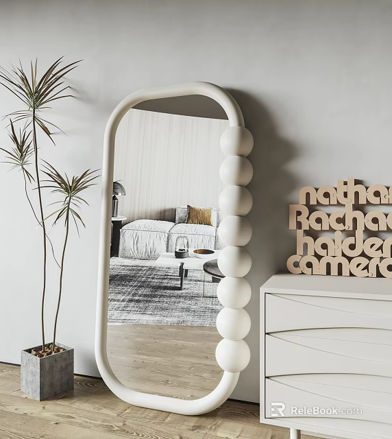 Oval Shaped Mirror With White Spherical Accents Wooden Letters And Palm Plant In Living Room 3d model 