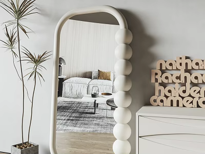 Oval Shaped Mirror With White Spherical Accents Wooden Letters And Palm Plant In Living Room 3d model