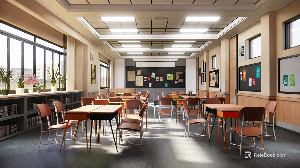 Modern School Classroom Featuring Bright Lighting Colorful Desks Chairs Blackboard And Large Windows 3d model 