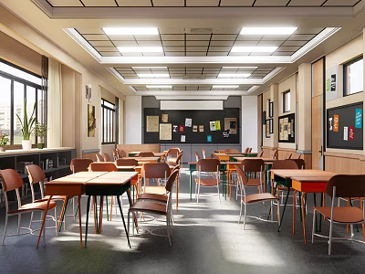Modern School Classroom Featuring Bright Lighting Colorful Desks Chairs Blackboard And Large Windows 3d model