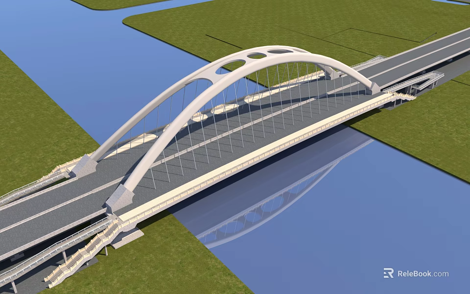 Modern Arch Bridge Spanning River With White Structure Green Grass And Water Reflection 3d model