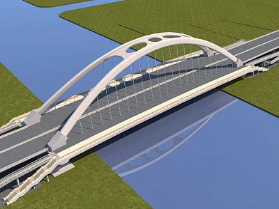 Modern Arch Bridge Spanning River With White Structure Green Grass And Water Reflection 3d model