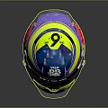 Vibrant Race Car Driver Helmet Featuring Red Bull Cash App Blue Yellow Purple Design