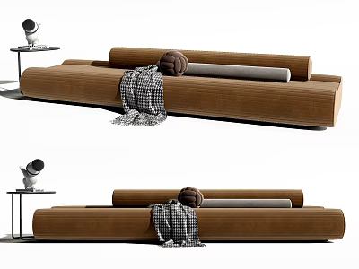 Brown Velvet Multi Seater Sofa With Throw Blanket Pillow And Side Table 3d model