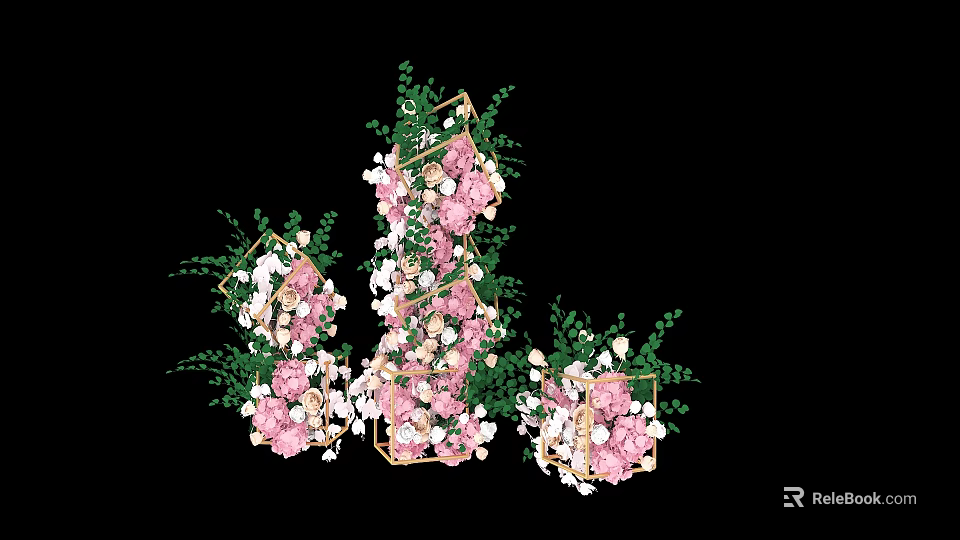 Decorative Floral Arrangement With Pink White Flowers Green Leaves And Geometric Frames 3d model 
