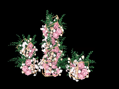 Decorative Floral Arrangement With Pink White Flowers Green Leaves And Geometric Frames 3d model
