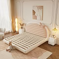 Double Bed with Pink Curved Headboard Bow Detail Green Blanket White Nightstand Lamp Beige Curtains